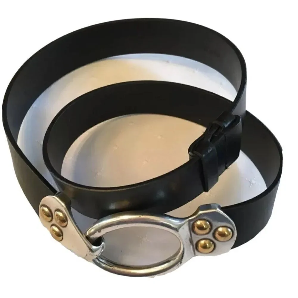 Chico’s Black Leather Off The Hip Adjustable Belt M Silver Gold Hook Buckle Punk